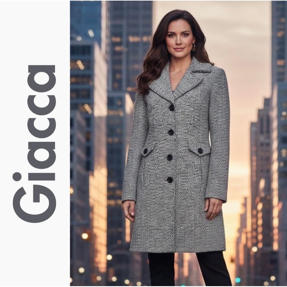 Giacca Tweed Wool Blend Button Front Coat Black White Size Medium